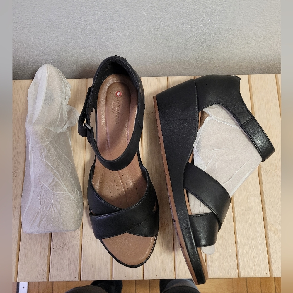 Clarks Black Leather Wedge Sandals